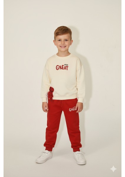 Erkek Çocuk %100 Pamuk Great Nakışlı Trex Süzeneli Paça Lastikli Takım - 2144