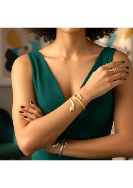 Lüks Yılan Figürlü Bileklik ve Yüzük Seti - Çift Renk Seçeneği Gümüş/Altın Kadın Takı Seti fırsatları