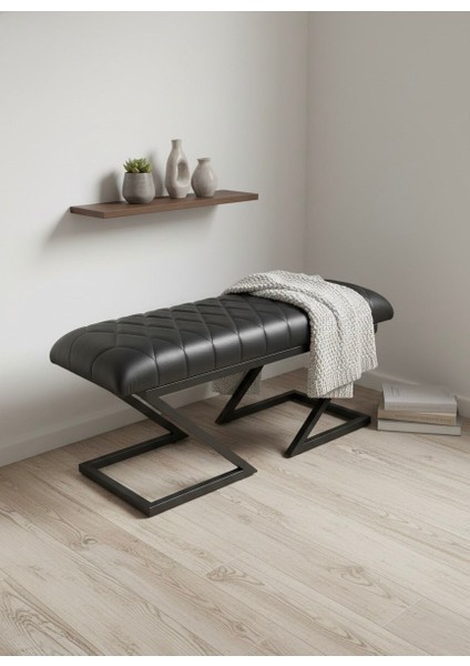 Todekhome Lux Metal Ayaklı Kapitoneli Siyah Deri Puf