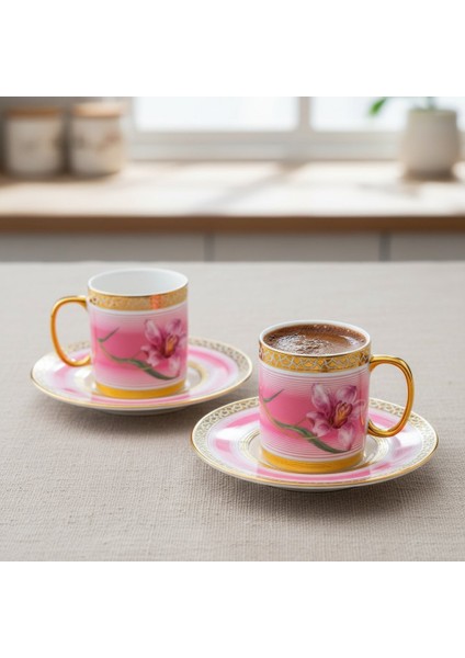 Tulip Pembe Renk Çiçek Figürlü 6 Kişilik Porselen Kahve Fincan Takımı – 90 Ml.
