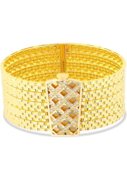 Taşlı Tasarım Altın Kelepçe Bilezik - 14K