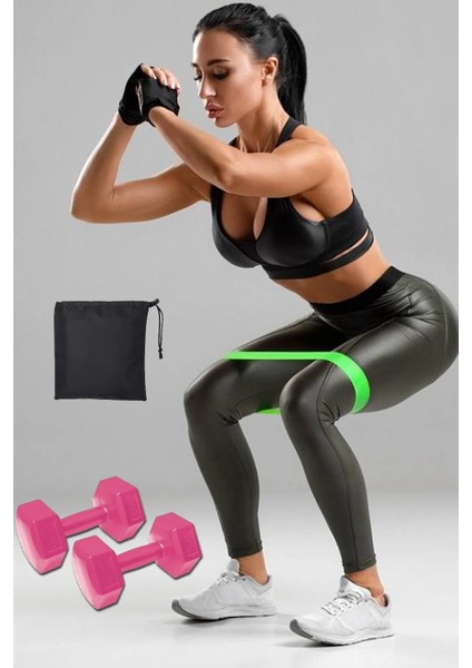 Çantalı Aerobik Direnç Lastiği Squat Bandı ve 1 kg x 2 Adet Dambıl Seti Pilates Set
