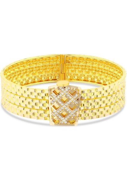 Taşlı Tasarım Altın Kelepçe Bilezik - 14K