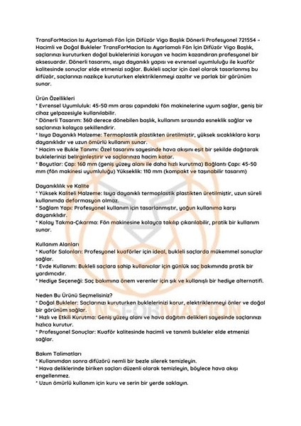 Bfs Isı Ayarlamalı Fön Için Difüzör Vigo Başlık Dönerli Profesyonel indirimleri