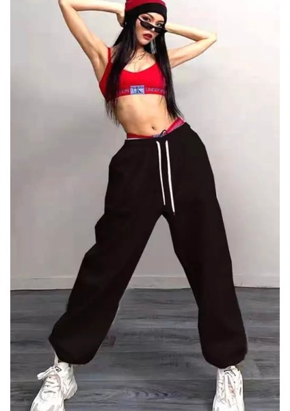 Büyük Beden Özel Tasarım Baskısız Düz Renk %100 Pamuk Kışlık Sokak Modası Hip Hop Kadın Eşofman Altı