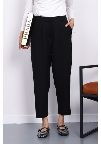 Siyah Dabıl Bel Lastikli Havuç Pantolon