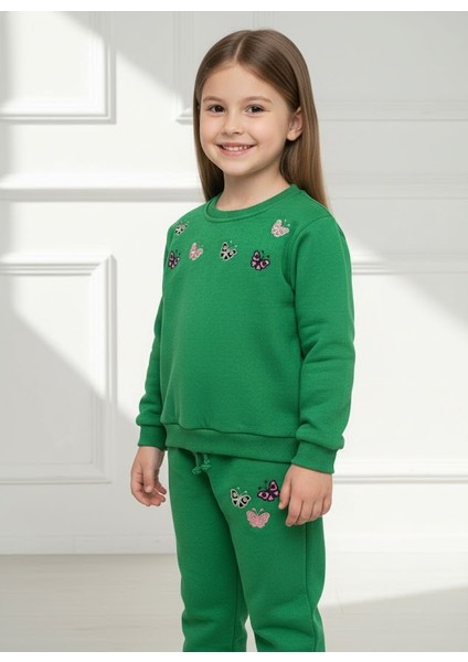 Kelebek Işlemeli Yeşil Kız Çocuk Alt Üst Takım