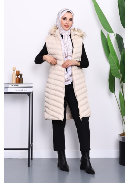 Bej Kapüşonlu Uzun Şişme Yelek