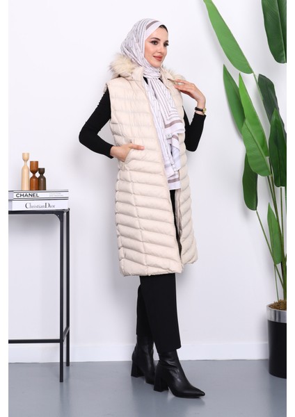 Bej Kapüşonlu Uzun Şişme Yelek fiyatları