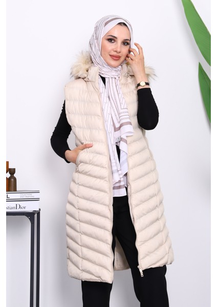 Bej Kapüşonlu Uzun Şişme Yelek modelleri