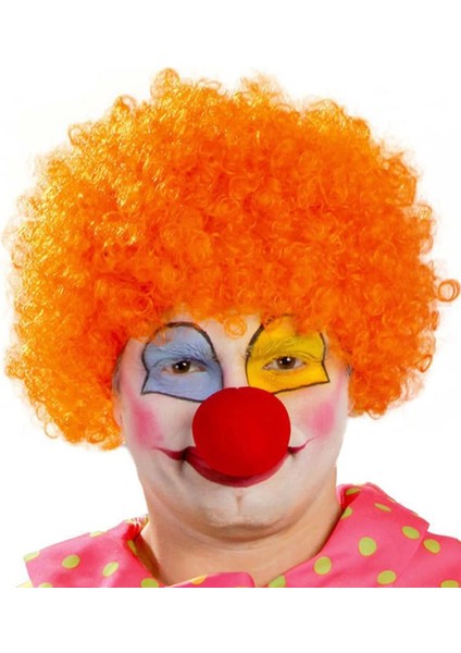 Bfs Turuncu Renk Kıvırcık Afro Bonus Peruk Takma Saç ve Kırmızı Burun Seti