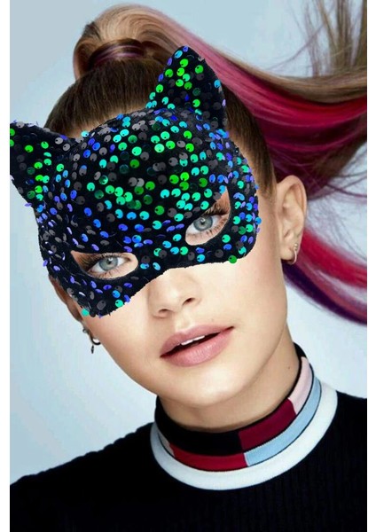 Bfs Siyah Kadife Kumaş Üzerine Mavi Yeşilli Payetli Pullu Parti Maskesi 16X14 cm