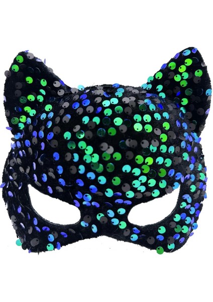 Bfs Siyah Kadife Kumaş Üzerine Mavi Yeşilli Payetli Pullu Parti Maskesi 16X14 cm modelleri