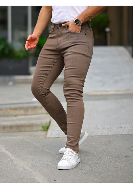 Erkek Jeans Slim Fit Likralı Denim Kahve Kot Pantolon
