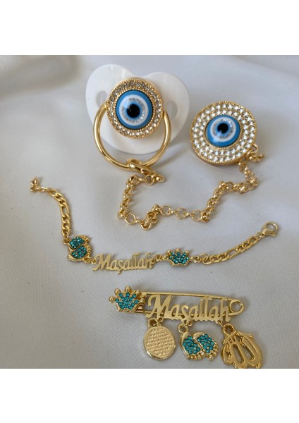 Altın Kaplama Nazar Boncuklu Zirkon Emzik Seti – Maşallah Iğnesi & Bebek Künyesi Dahil