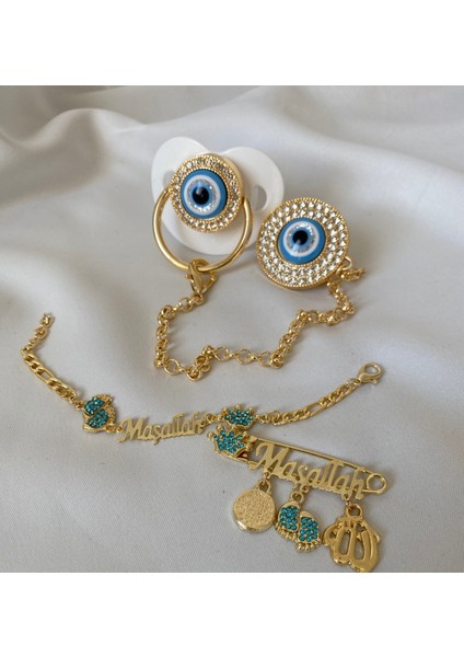 Altın Kaplama Nazar Boncuklu Zirkon Emzik Seti – Maşallah Iğnesi & Bebek Künyesi Dahil fiyatları