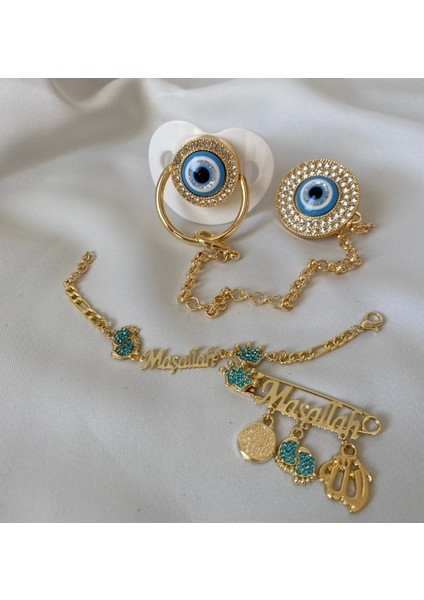 Altın Kaplama Nazar Boncuklu Zirkon Emzik Seti – Maşallah Iğnesi & Bebek Künyesi Dahil fırsatları