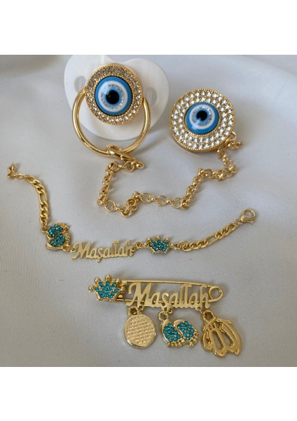 Altın Kaplama Nazar Boncuklu Zirkon Emzik Seti – Maşallah Iğnesi & Bebek Künyesi Dahil indirimleri