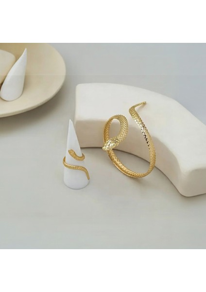 Ayarlanabilir Yılan Bileklik Yüzük Seti | Gold & Gümüş Renk | Bohem & Minimalist Takı fiyatları