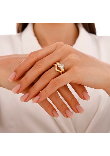 Altın Taşlı Tasarım Yüzük - 14K