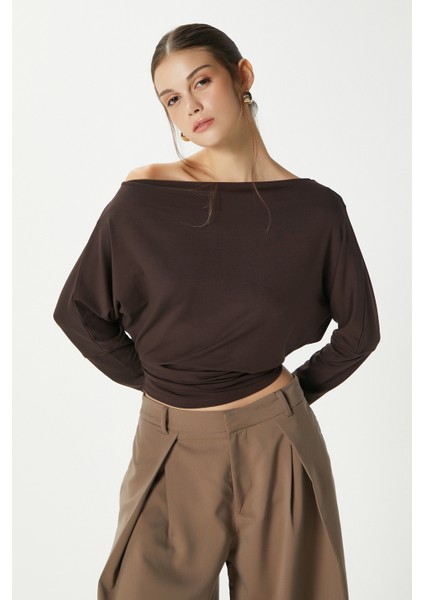 Kadın Grace Asimetrik Omuz Detay Kahverengi Bluz