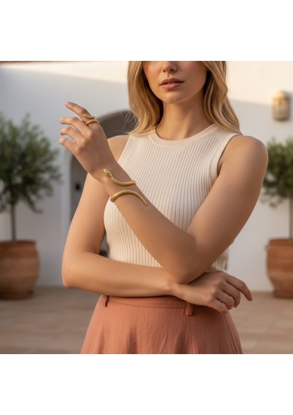 Ayarlanabilir Yılan Bileklik Yüzük Seti | Gold & Gümüş Renk | Bohem & Minimalist Takı modelleri