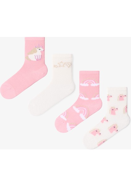 Çok Renkli Kız Çocuk Pink Rainbow Unicorn 4lü Soket Çorap