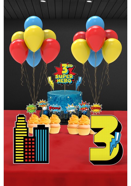 Süper Kahraman Temalı 3 Yaş Doğum Günü Parti Seti (Spiderman, Batman, Superman Uyumlu) - Mini