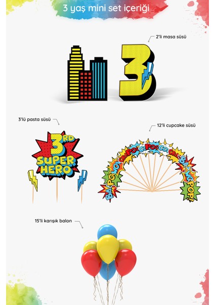 Süper Kahraman Temalı 3 Yaş Doğum Günü Parti Seti (Spiderman, Batman, Superman Uyumlu) - Mini fiyatları