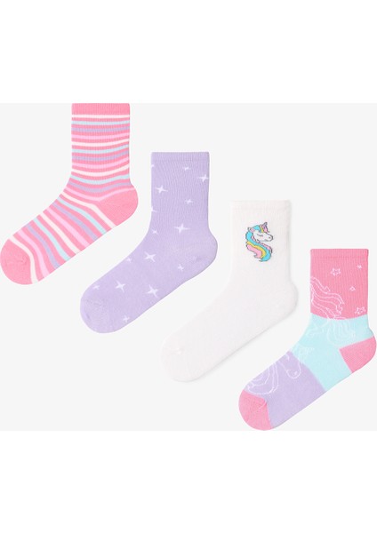 Çok Renkli Kız Çocuk Galaxy Unicorn 4lü Soket Çorap