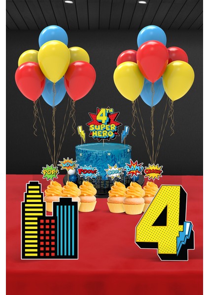 Süper Kahraman Temalı 4 Yaş Doğum Günü Parti Seti (Spiderman, Batman, Superman Uyumlu) - Mini