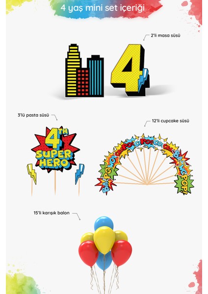 Süper Kahraman Temalı 4 Yaş Doğum Günü Parti Seti (Spiderman, Batman, Superman Uyumlu) - Mini fiyatları