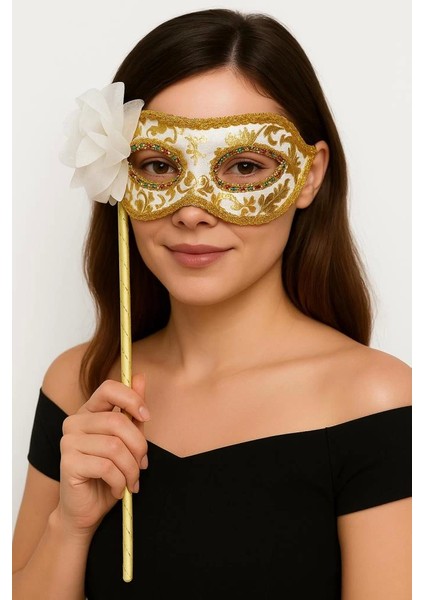 Bfs Lüks Taşlı Saplı Maskeli Balo Maskesi Beyaz Renk 35 cm fırsatları