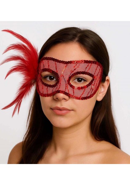 Bfs Kırmızı Renk Yandan Tüylü Pul Payet Işlemeli Parti Maskesi 23X12 cm fırsatları