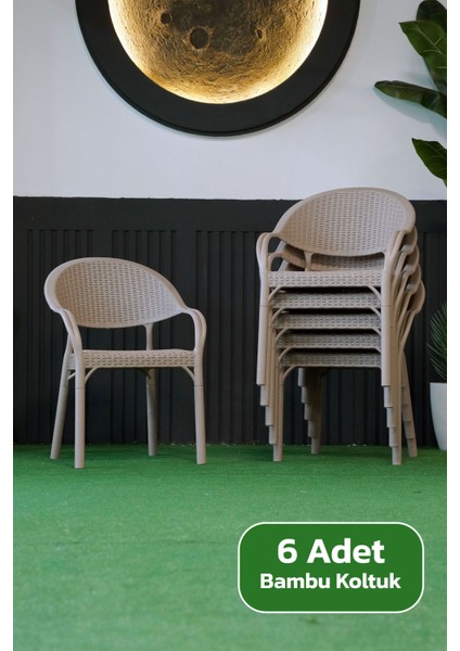 Bambu Rattan Kollu Bahçe Balkon Koltuk 6 Adet