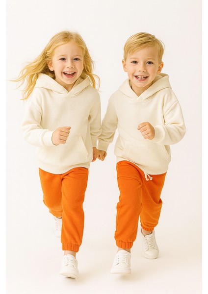 Unisex 3 Iplik Pamuklu Kalın Beli Lastikli Eşofman Altı Turuncu