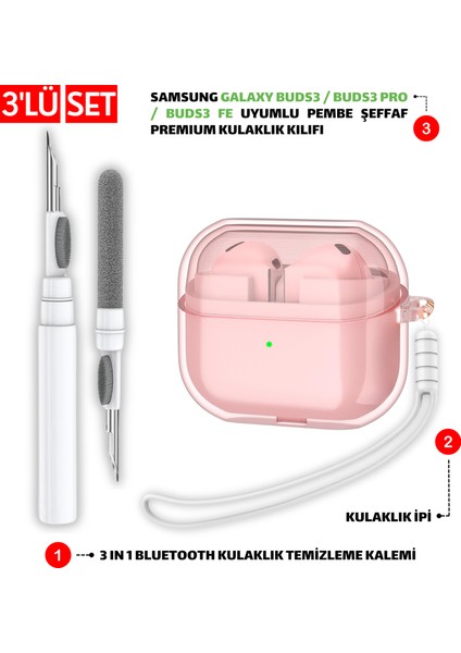 Samsung Galaxy Buds3 ve Buds3 Pro Uyumlu Şeffaf Pembe Kılıf, Kulaklık Ipi ve Temizleme Kalemi Seti