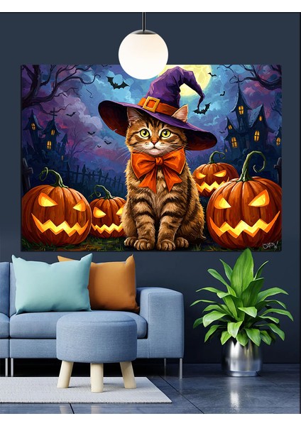 Cadı Şapkalı Kedi Balkabağı Dekoratif Kanvas - Mdf Ahşap Tablo