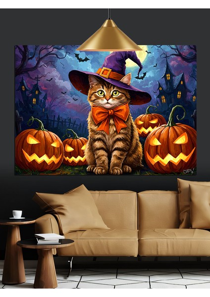 Cadı Şapkalı Kedi Balkabağı Dekoratif Kanvas - Mdf Ahşap Tablo fiyatları