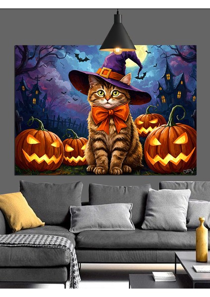 Cadı Şapkalı Kedi Balkabağı Dekoratif Kanvas - Mdf Ahşap Tablo modelleri