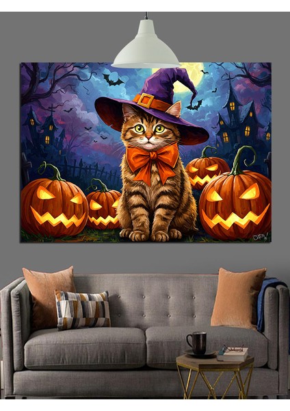 Cadı Şapkalı Kedi Balkabağı Dekoratif Kanvas - Mdf Ahşap Tablo fırsatları