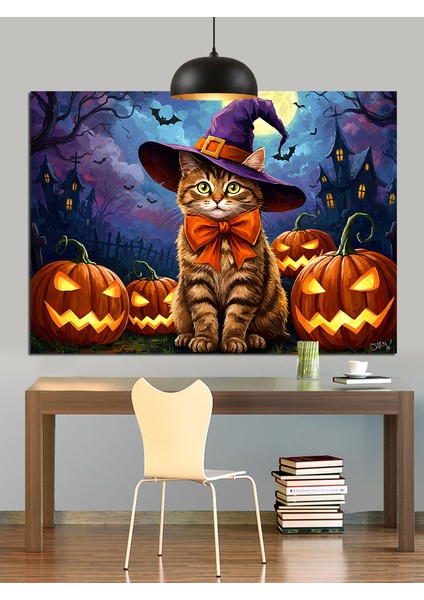 Cadı Şapkalı Kedi Balkabağı Dekoratif Kanvas - Mdf Ahşap Tablo indirimleri