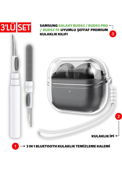 Samsung Galaxy Buds3 - Buds3 Pro Uyumlu Şeffaf Kılıf, Kulaklık İpi ve Temizleme Kalemi Seti