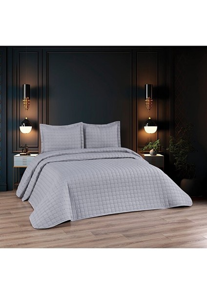 Modern Gri Nakışlı Kapitone Yatak Örtüsü Seti – 3 Parça (Çift Kişilik)