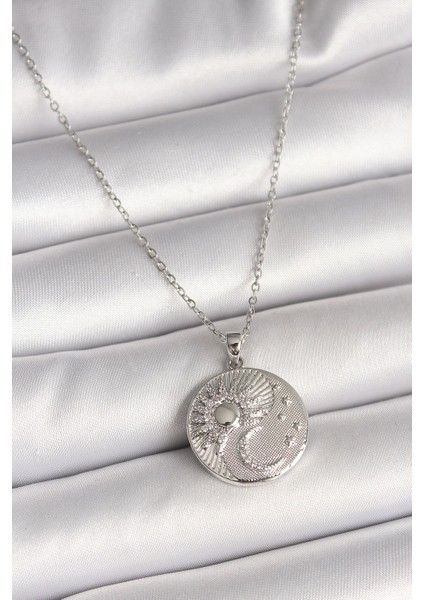 Bfs 316L Çelik Gümüş Renk Zincir Zirkon Taşlı Ay Güneş Işlemeli Madalyon Model Kadın Koly