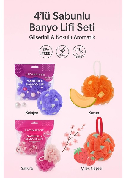 4’lü Sabunlu Banyo Lifi Seti Gliserinli Aromatik Lif Süngeri – Kolajen, Sakura, Çilek, Kavun