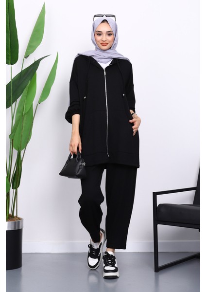 Siyah Kapşonlu Fermuarlı Tunik Pantolonlu Takım