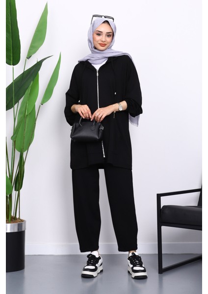 Siyah Kapşonlu Fermuarlı Tunik Pantolonlu Takım fiyatları