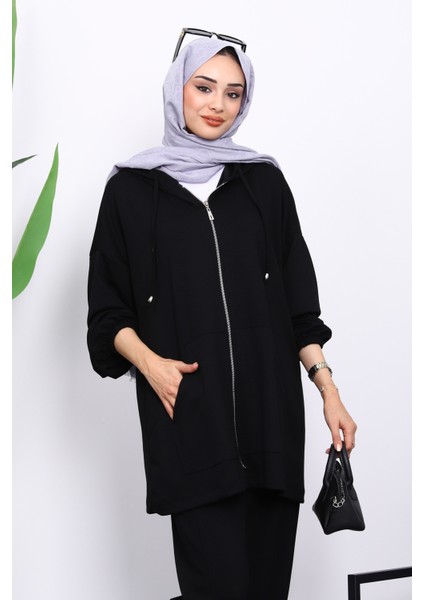 Siyah Kapşonlu Fermuarlı Tunik Pantolonlu Takım modelleri
