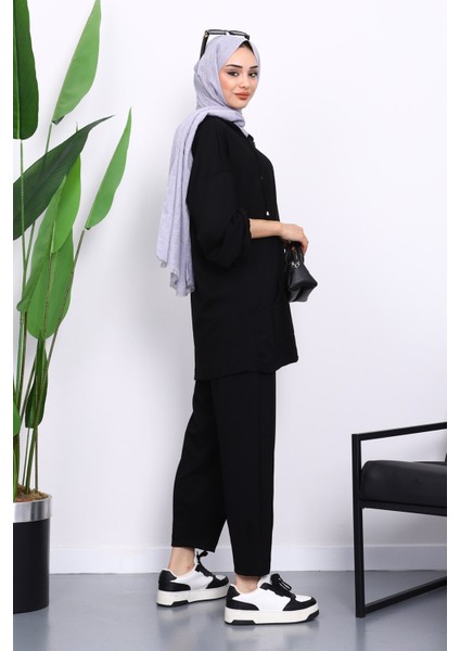 Siyah Kapşonlu Fermuarlı Tunik Pantolonlu Takım fırsatları